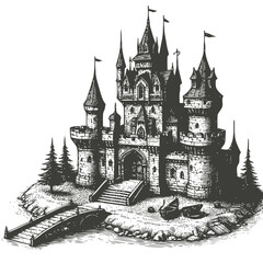 Fototapeta premium Picturesque tiny castle featuring a medieval drawbridge and surrounded by intricate details of historic design and stonework.