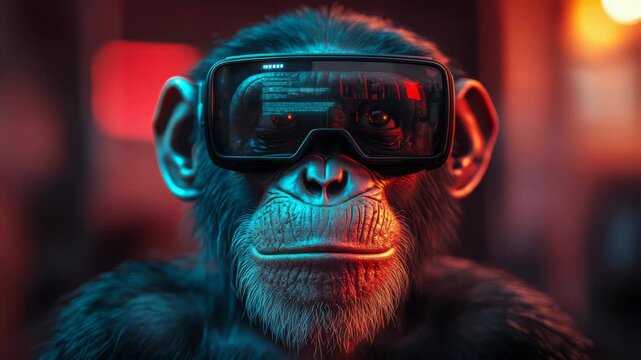 Chimpanzee wearing VR googles, futuristic smart monkey