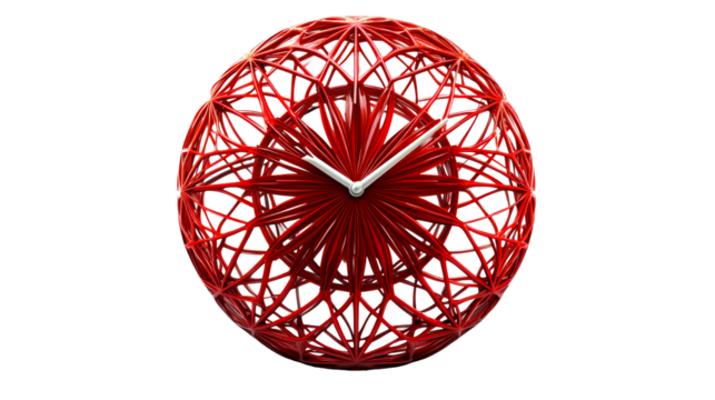 Stylish red sphere clock with intricate structure. cut out transparent