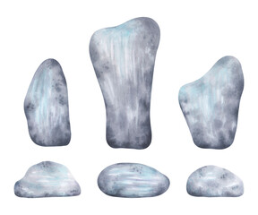 Set of grey blue stones. Watercolor and marker illustration. Isolated clipart art with pebbles and geological minerals, hand-drawn. Perfect for nature scene design, sea and ocean landscape