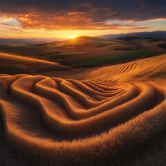 Naklejka premium Golden Wheat Fields at Sunset Wavy, terraced fields bathed in warm sunlight as the sun sets over rolling hills Golden hues of wheat and vibrant colors of the sky create a breathtaking panorama