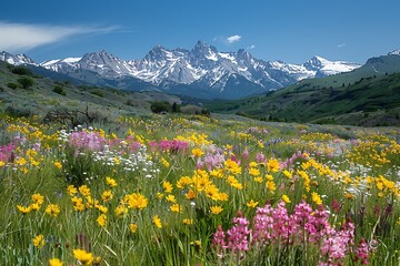 Obraz premium Tranquil spring meadow beneath snow capped mountains colorful wildflowers foreground and warm breeze over distant peaks