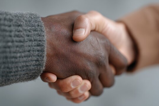 two people from different cultures exchanging handshake against minimalist office background