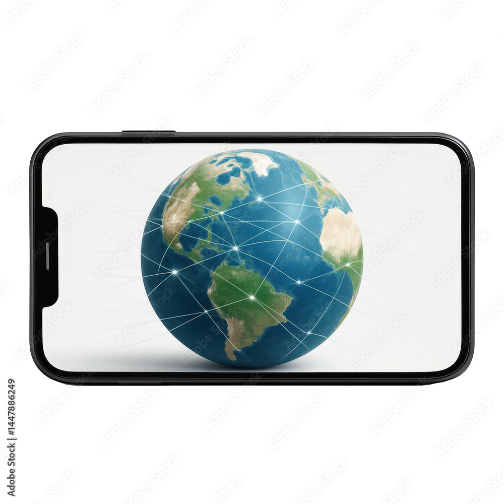 Poster modern mobile phone displaying a digital earth overlaid with a network grid illustrating global conn