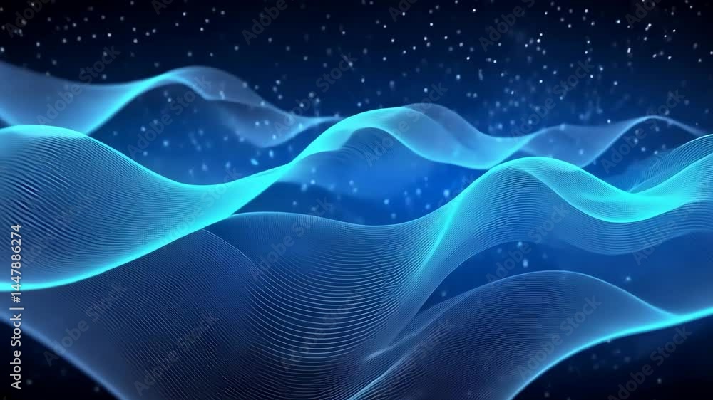 Poster abstract blue waves and particles in dynamic light pattern