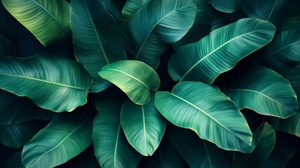 Lush green tropical foliage, overhead view of vibrant leaves.