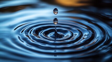 Water droplet falling, creating concentric ripples on a dark blue surface.
