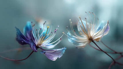 Two delicate clematis flowers with unique purple and white petals and flowing stamens bloom gently against a soft and subtly blurred muted teal backdrop.