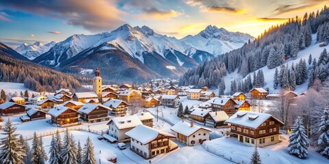 Wintertime mountain village and ski resort