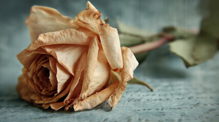 A single dried rose lies gracefully on a textured pale blue surface showing its delicate petals and subtle warm tones, captu a moment of serene beauty.