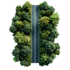 Straight road with dashed line, surrounded by green trees, isolated on a transparent background. Asphalt road with lane marking and forest on both sides.