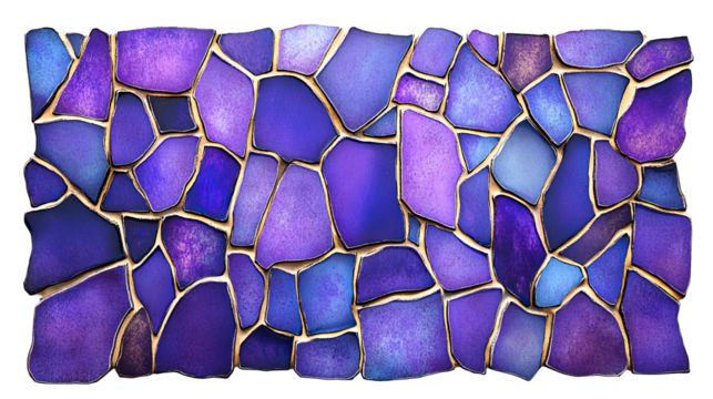 Mosaic tile in purple, blue, and gold hues, irregular shapes, cut out transparent