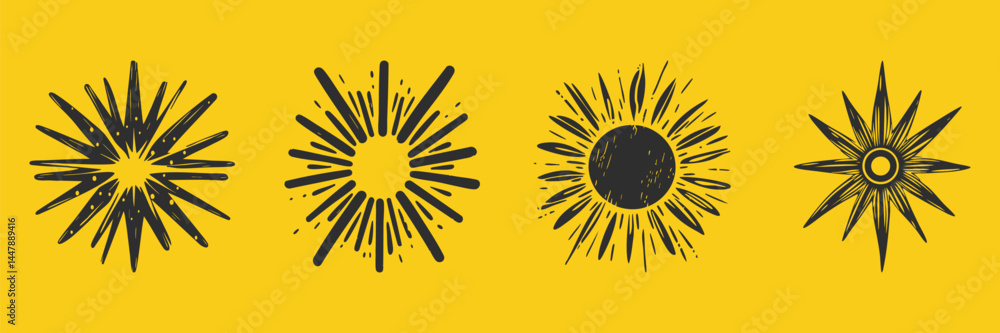 Aufkleber sunburst and starburst design silhouette set. radiant energy and light burst patterns isolated vecto