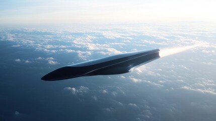 Fototapeta premium Sleek aircraft flying over the ocean, modern jet cruising at high altitude with clouds reflecting sunlight, adventurous horizon.