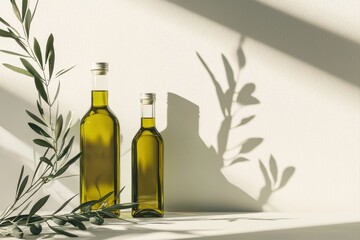 Elegant olive oil bottles and branches arranged on a soft cream backdrop