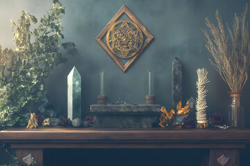Decorative altar display featuring healing crystals and natural elements in a serene indoor setting during daylight