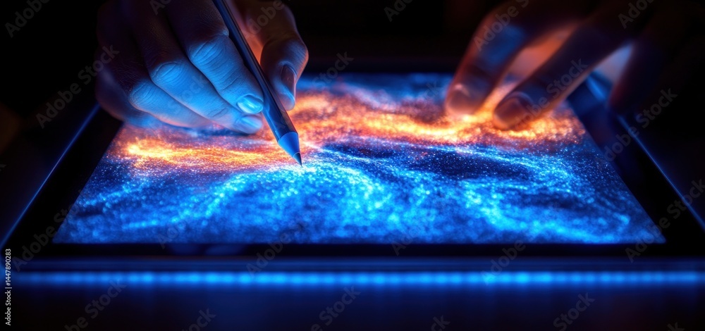 Poster digital art creation: a mesmerizing display of light and color on a tablet.