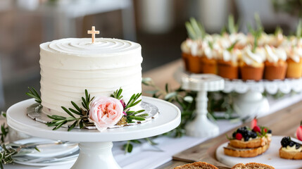White cake with cross and flowers for baptism or religious celebration. Celebrating the First Communion