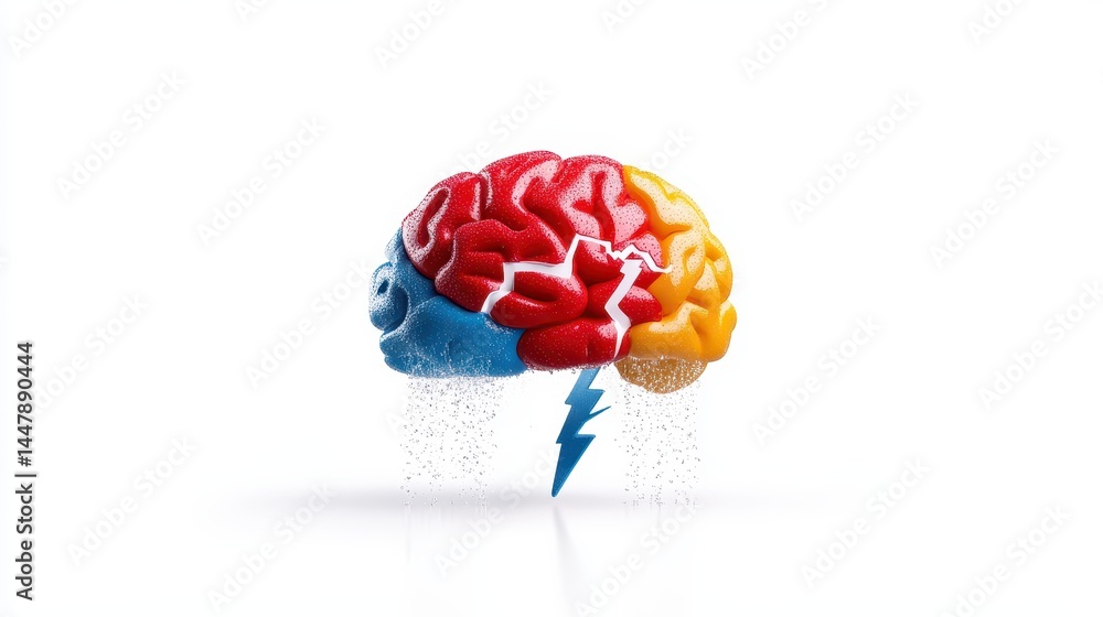 Aufkleber abstract brain model with lightning bolt and pixelated disintegration effect