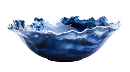 Dark blue pottery bowl with wavy rim, isolated on black. cut out transparent