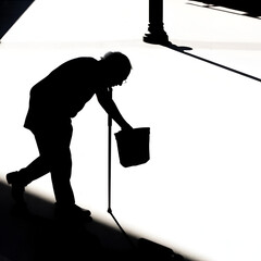 Silhouette of limping man walking with a cane, black shadow on pavement. Concept for disability, old age, blind person, dramatic life