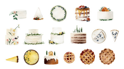 Wedding and seasonal cakes, tarts and pies illustrations set – Hand-drawn watercolor bakery clipart for wedding, bakery, cafe menu, packaging, invitations