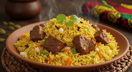 Steaming biryani dish with large chunks of meat and garnish on a brown plate close up shot view