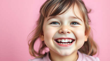 Portrait of cute little child girl with a snow-white smile and healthy teeth over pink background. looking at the camera and laughing. Dentistry for children