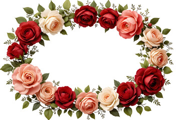 Elegant Red and Peach Rose Wreath PNG on Transparent Background for Wedding Invitation Designs,rose flower art, floral border illustration, red peach cream roses