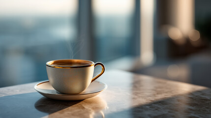 Obraz premium 窓際のテーブルに置かれた金色の取っ手付きコーヒーカップ | 静けさの演出