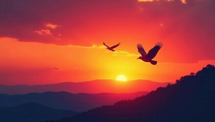 Silhouetted birds soar against vibrant sunset hues , tranquility, background