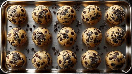Fototapeta premium Overhead view of chocolate chip cookie dough balls