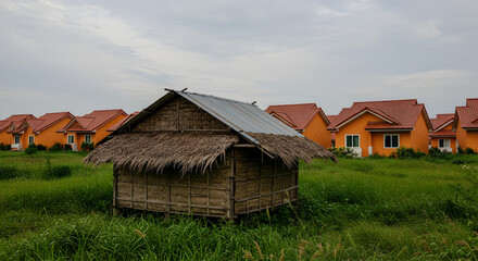 Rustic Bamboo Hut Nestled in Green Field with Rows of Orange Tiled Roof Houses Under Cloudy Sky