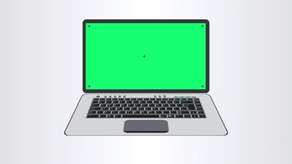 3d animated laptop with green screen mockup computer chroma key lap top front view motion graphics element on white background, opens zoom in intro graphic video monitor