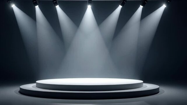 Circular white stage platform lit by overhead spotlights, realistic style, dark studio background. Concept of presentation, spotlight, exposure