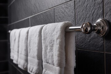White Towels Hanging On A Modern Metal Rack Against Dark Tiles