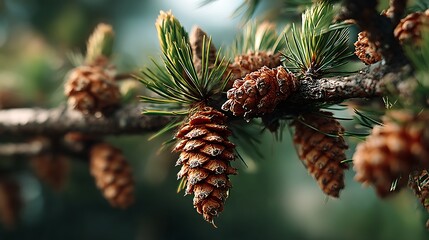 Pine cones hang from branch with soft sunlight