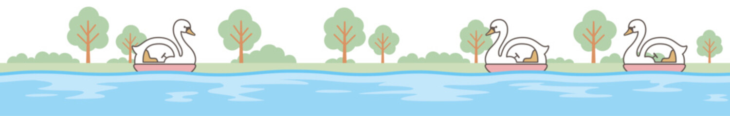 木と水の風景の中に白鳥モチーフのスワンボートが浮かぶシームレスなベクターラインイラスト(Seamless vector line illustration of a swan boat with a white swan motif floating in a landscape of trees and water) © ma_sa
