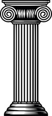Black and white drawing of ancient ionic column with intricate scroll design. Vector illustration