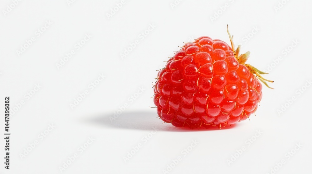 Poster closeup of a single ripe red raspberry on white background