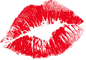 Red lipstick kiss print on white background emphasizing passion and romance. Vector illustration