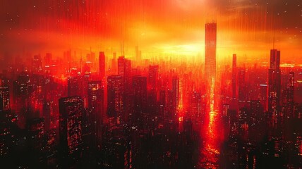 Fototapeta premium Futuristic cityscape engulfed in fiery sunset, showcasing towering skyscrapers and dramatic lighting for a striking, apocalyptic atmosphere.