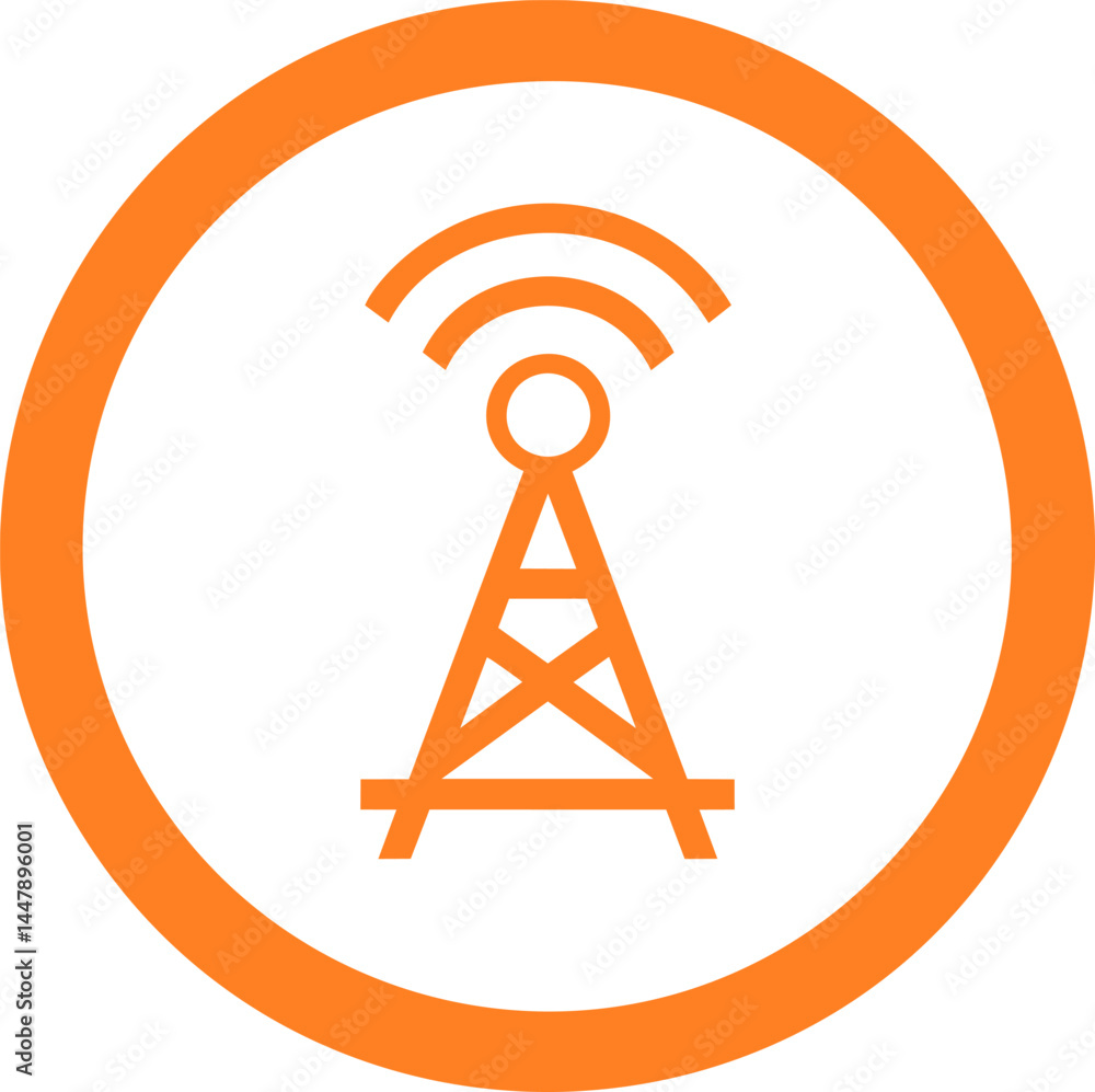 Poster orange radio tower icon with waves in circular border, minimal design. vector illustration
