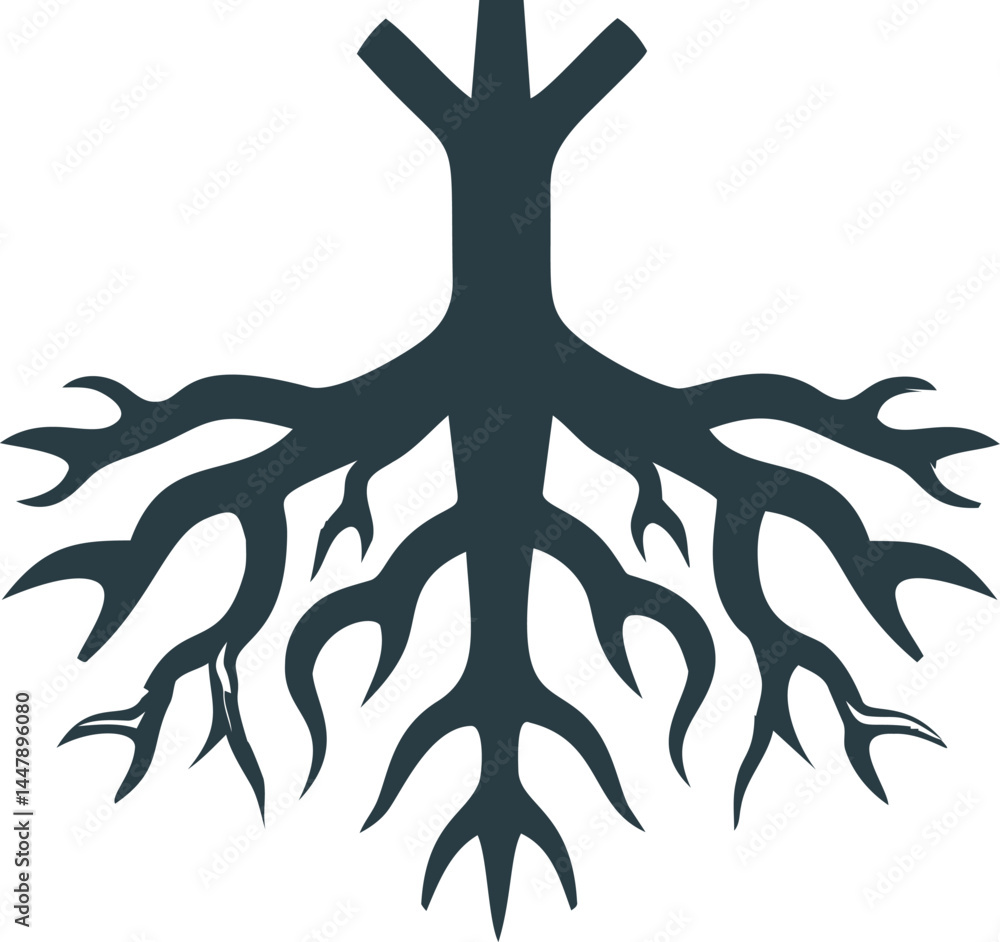 Poster stylized silhouette of tree roots branching on white background vector art. vector illustration