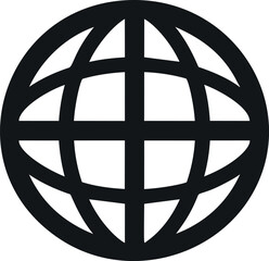 Black globe icon with grid pattern, symbolizing global communication. Vector illustration
