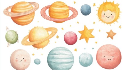 Colorful collection of planets in space, whimsical design of various celestial bodies, suitable for educational or decorative use.