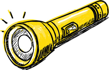 Yellow flashlight sketch with glowing light, black outlines on white background. Vector illustration