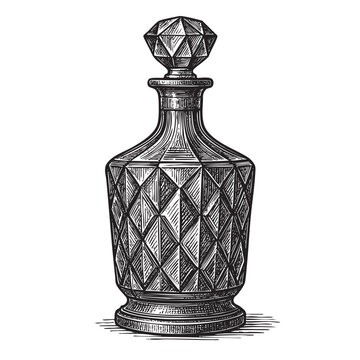 crystal decanter with stopper  woodcut engraving vector illustration