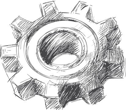 Detailed sketch of a mechanical gear drawn in black concept design. Vector illustration