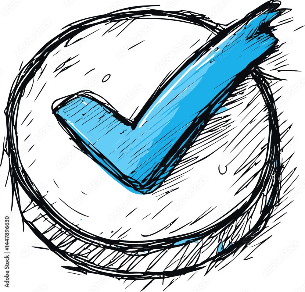 Poster blue check mark inside a sketched circle, representing confirmation concept. vector illustration